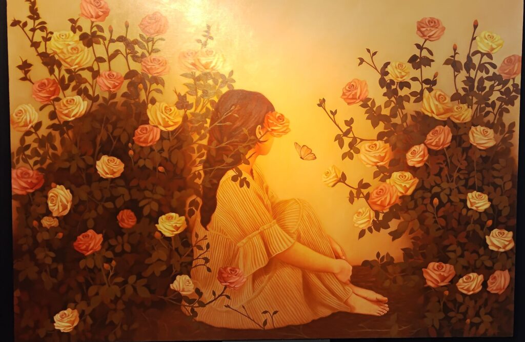 A painting of a girl with flowers from Art Fair Philippines 2026