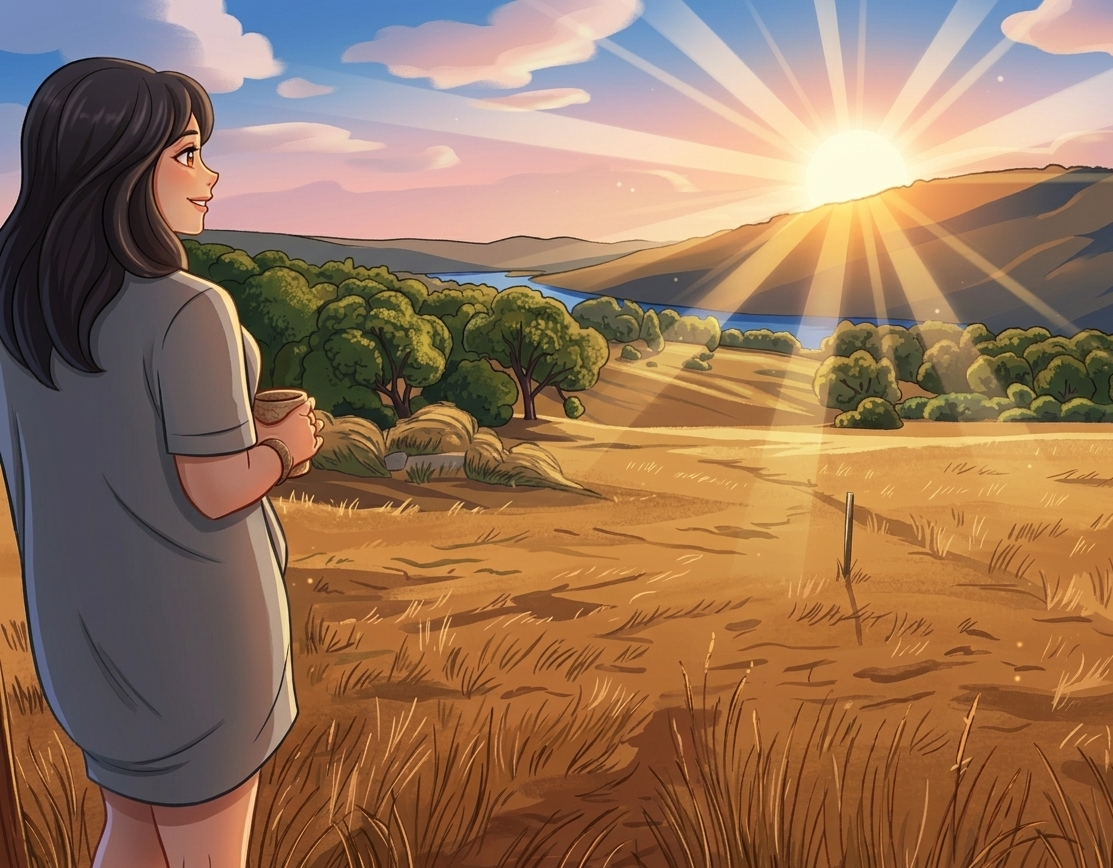Cartoon version of a lady looking at the horizon while holding a soda can.